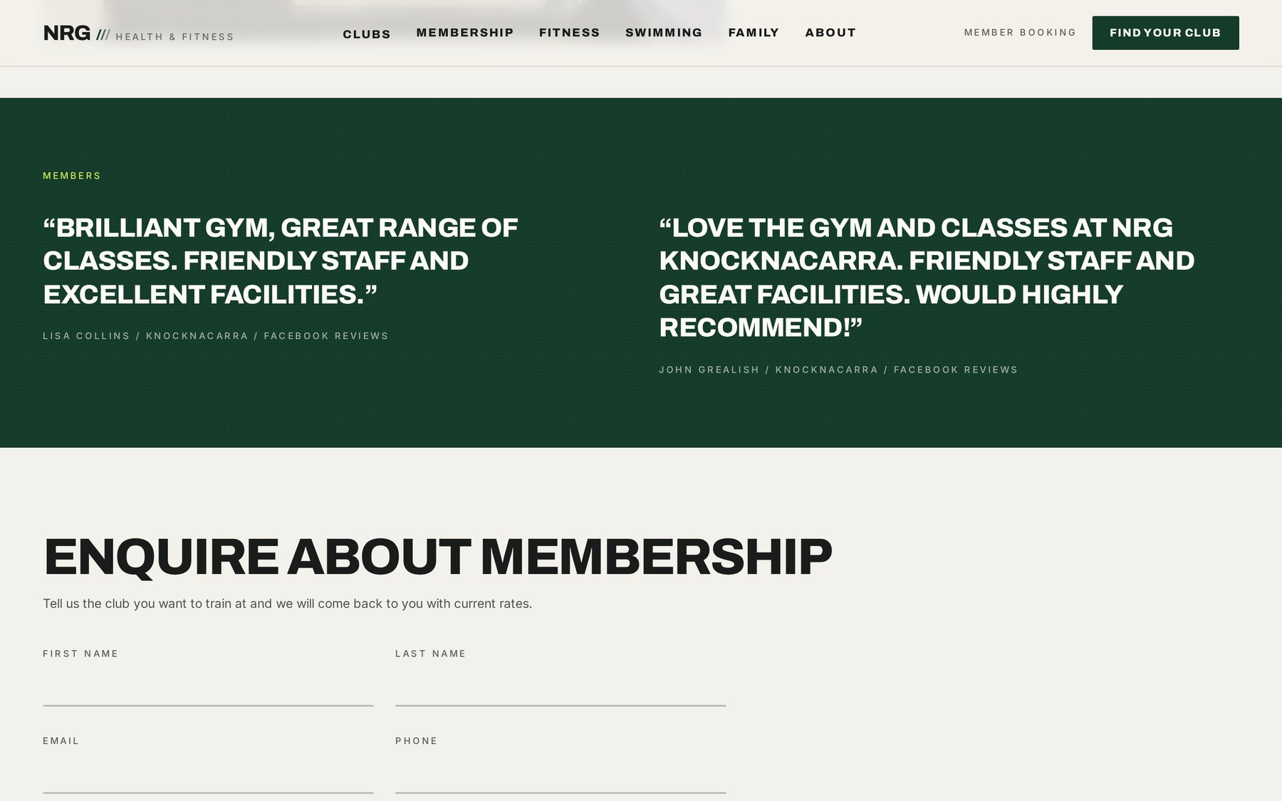 Enquiry section of the redesigned NRG website