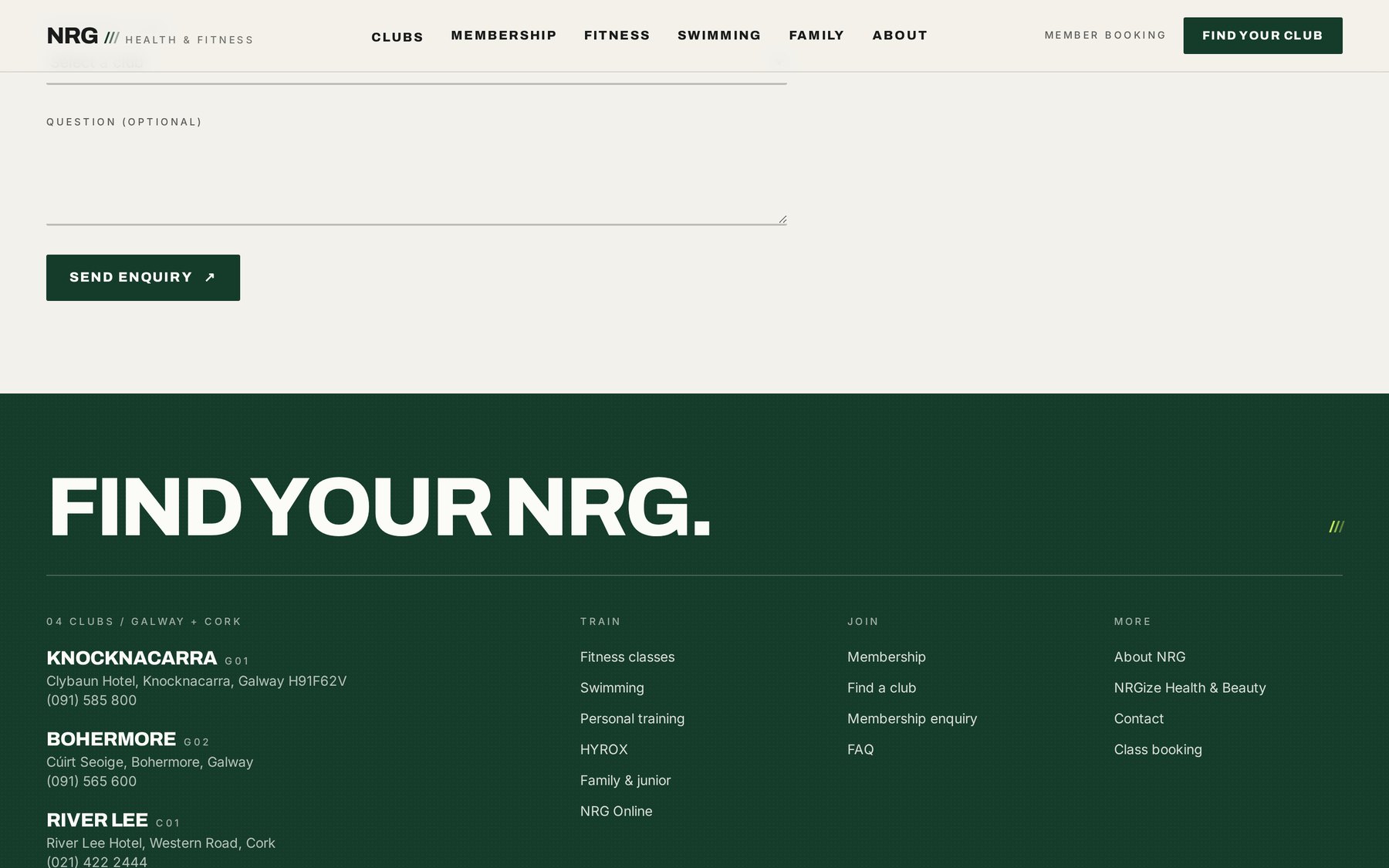 Redesigned NRG footer headed Find Your NRG listing every club with addresses