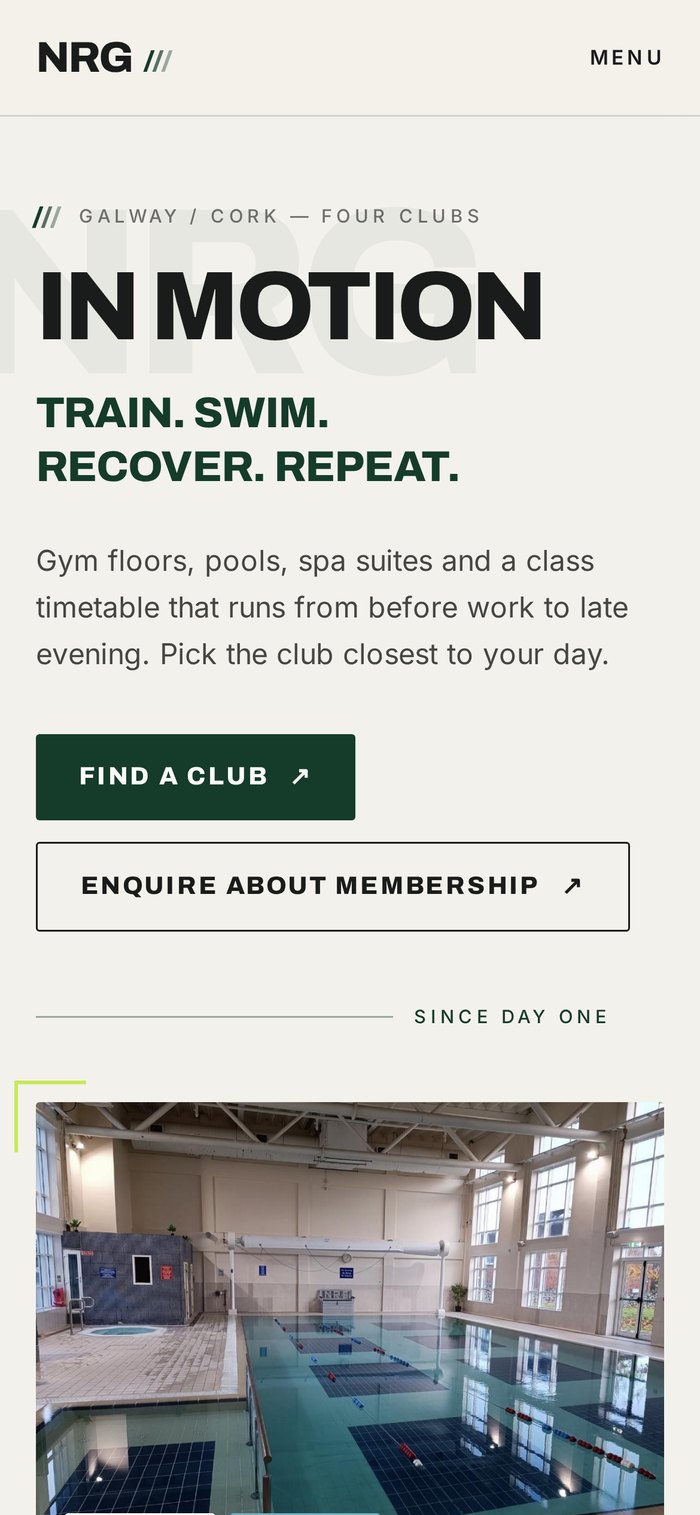 Redesigned NRG Health & Fitness website on mobile