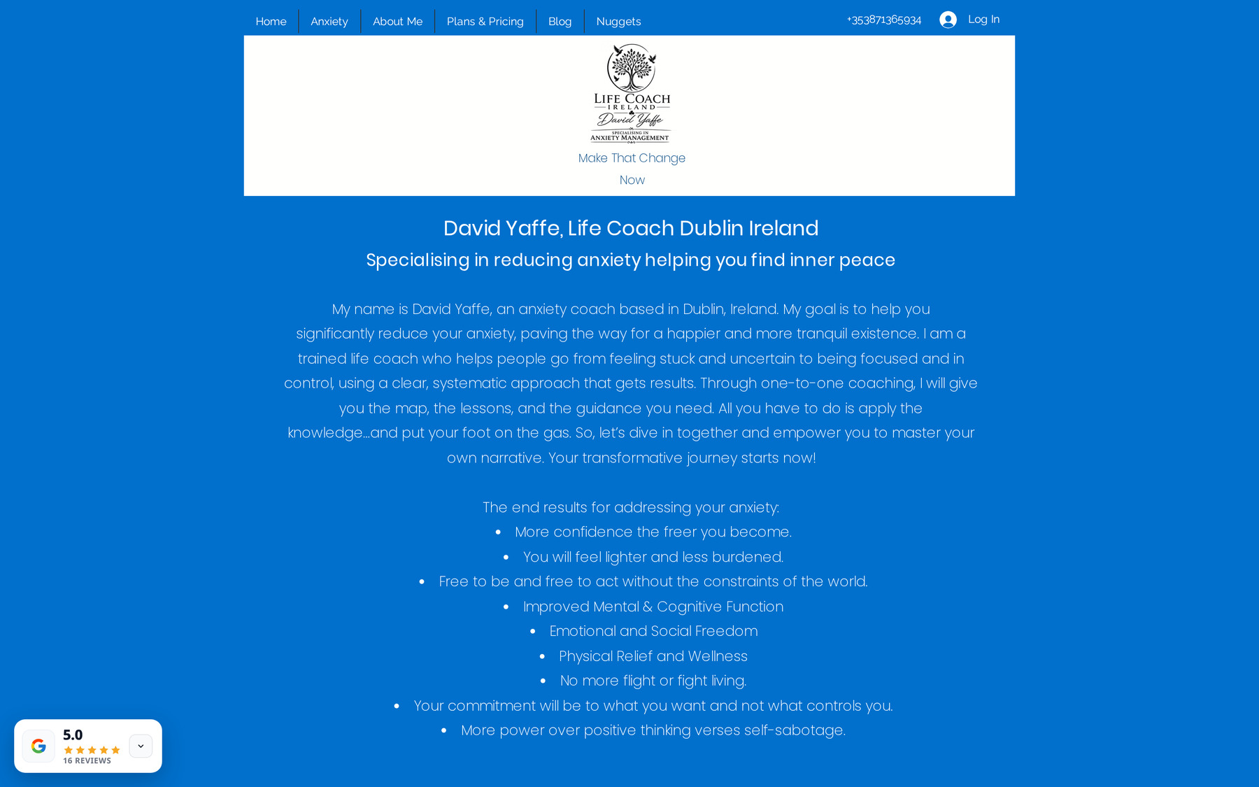 The original Life Coach Ireland homepage, a text-heavy page on a flat blue background